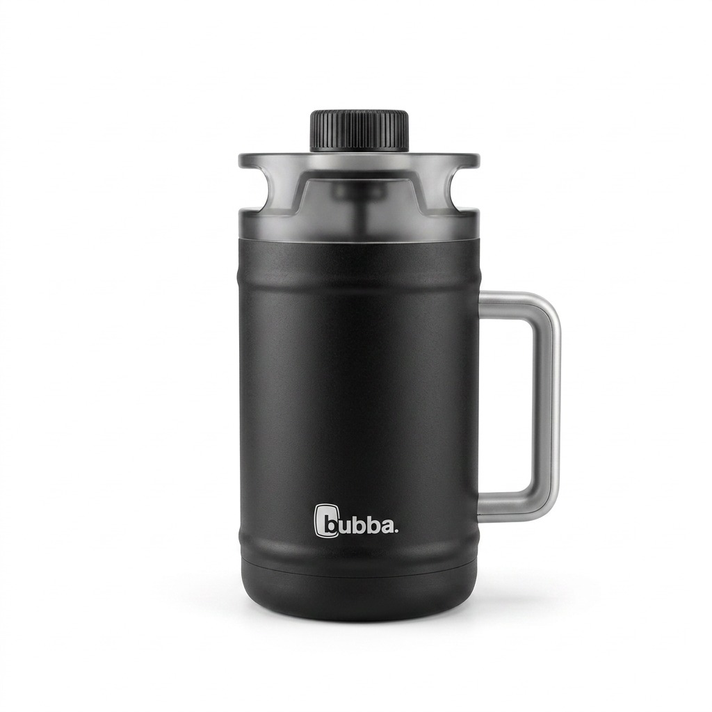 Studio hero shot of a matte black 52 oz bubba water keg on a seamless white background.