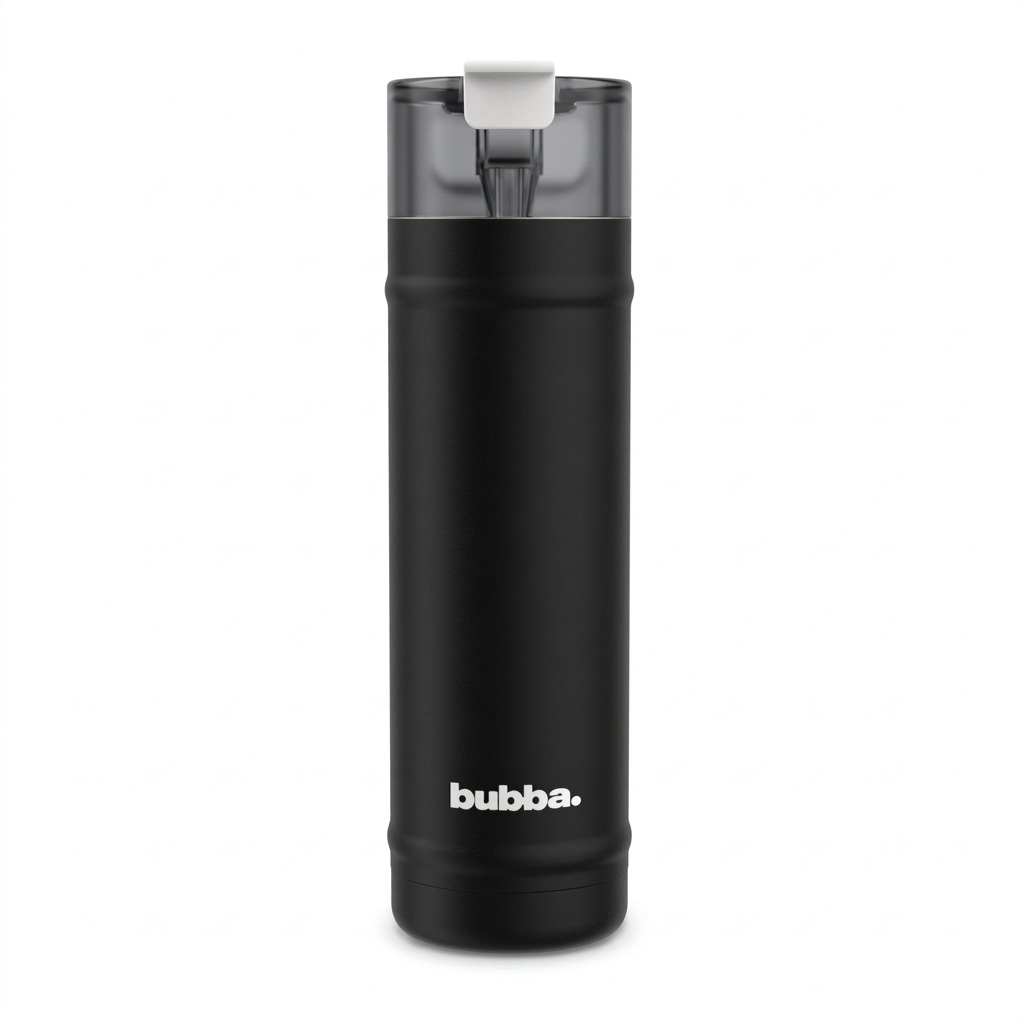 A high-resolution, centered image of a glossy black 24 oz bubba DualSip bottle with its smoke gray cap.