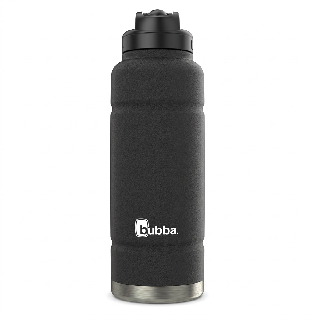 High-resolution hero shot of the 40 oz Bubba Trailblazer Stainless Steel Water Bottle in Licorice, isolated on a white background with a clean shadow.