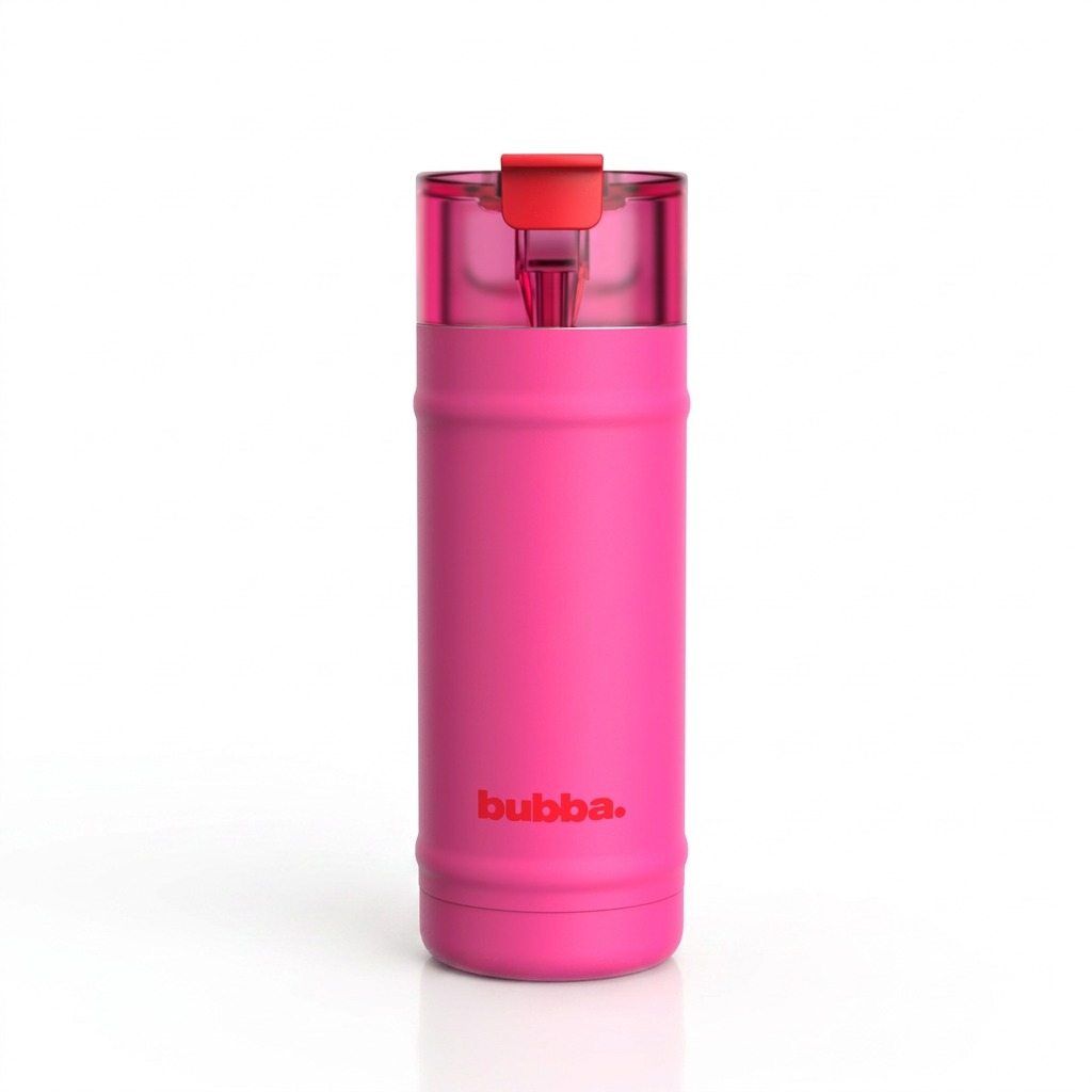 A direct, high-resolution hero shot of the bubba DualSip flora-aura insulated stainless steel water bottle against a pure white background. The front view clearly shows its pink body and teal-tinted DualSip lid.