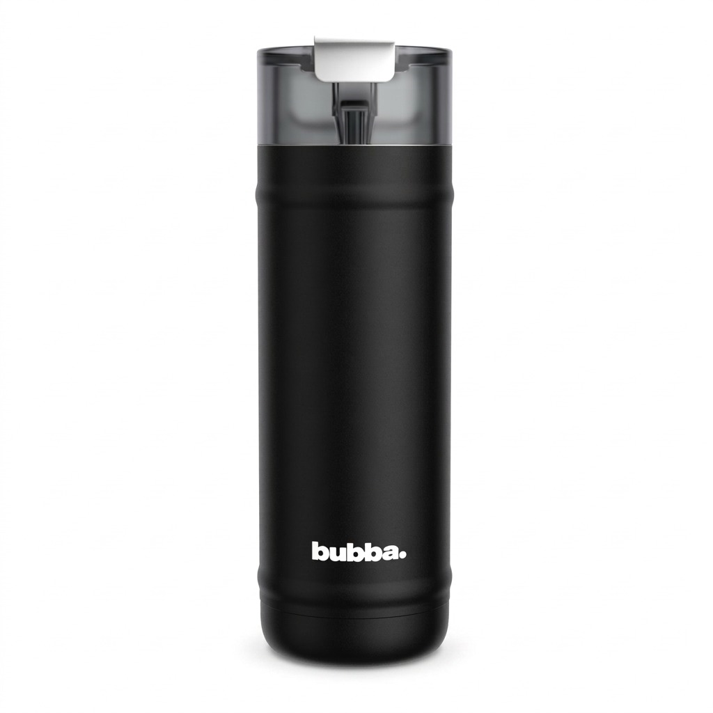 Pure high-resolution product photography shot of the bubba(R) DualSip insulated water bottle (32 oz, Office Siren) with integrated straw and chug lid, matte black body, centered against a crisp, high-contrast pure white background. Pure high-resolution hero shot of bubba(R) DualSip black water bottle.