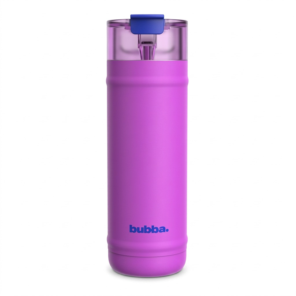 High-resolution 32oz 'moodbooster' purple bubba DualSip stainless steel water bottle.