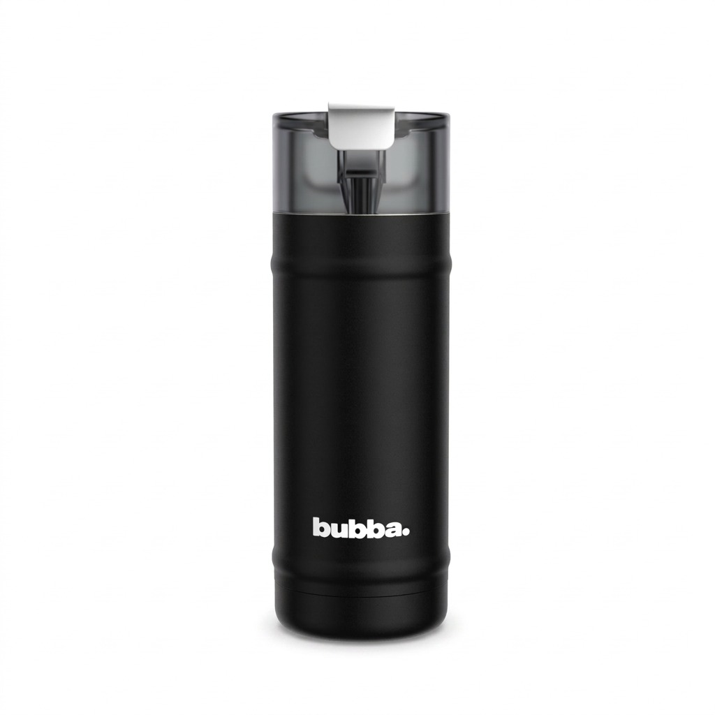 A high-resolution ecommerce hero shot of the bubba DualSip 18 oz insulated water bottle in matte black, featuring its distinctive smoke-grey transparent dual-use lid and white 'bubba.' logo.