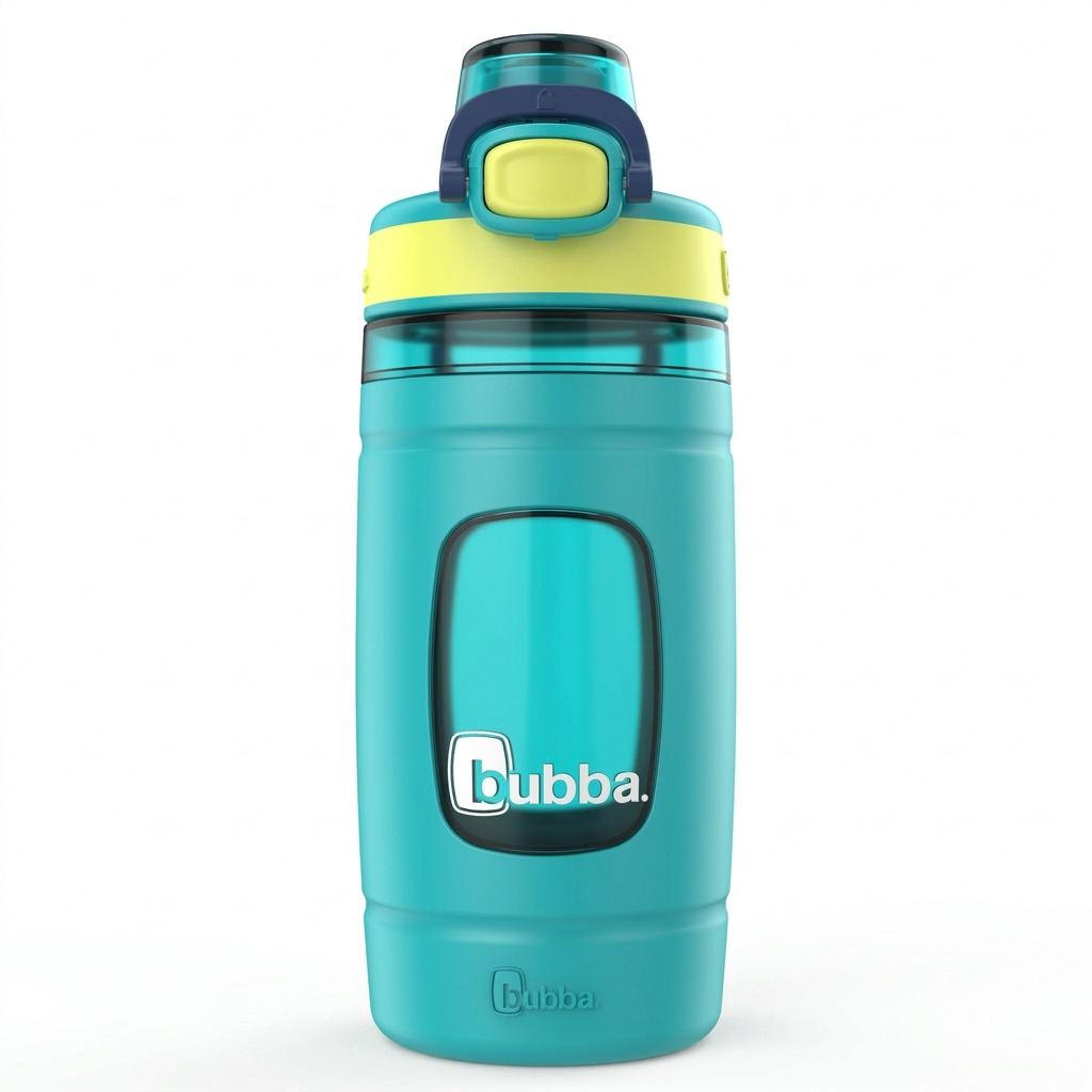 Premium high-resolution hero shot: bubba bubba 16 oz Flo water bottle, Scuba blue with Limelight accents.