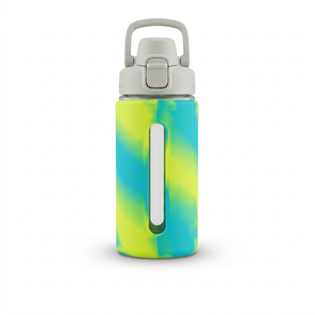 A clean ecommerce hero shot of the 16 oz bubba Flo water bottle in Light Stone and Lime-Scuba Tie-Dye, centered on a pure white background.
