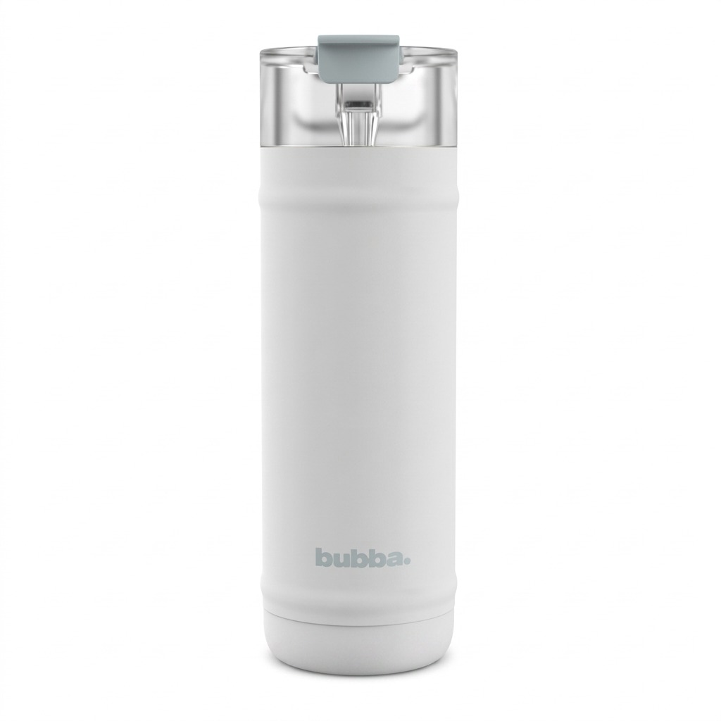 bubba DualSip 32oz insulated stainless steel water bottle, Fresh Kicks white, clean e-commerce hero shot.