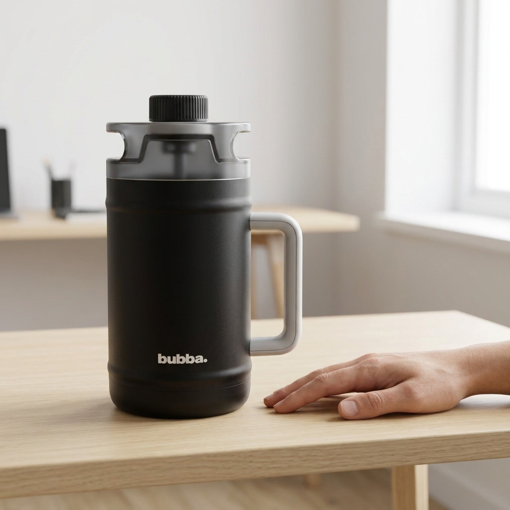 A black 52 oz Bubba insulated water keg next to a standard tablet and phone on a blurred office desk.