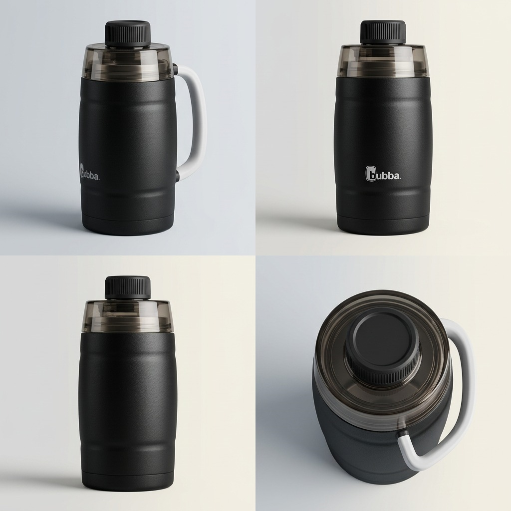 A high-resolution product matrix displaying the bubba Insulated Stainless Steel Water Keg from four discrete angles, showcasing its design details.