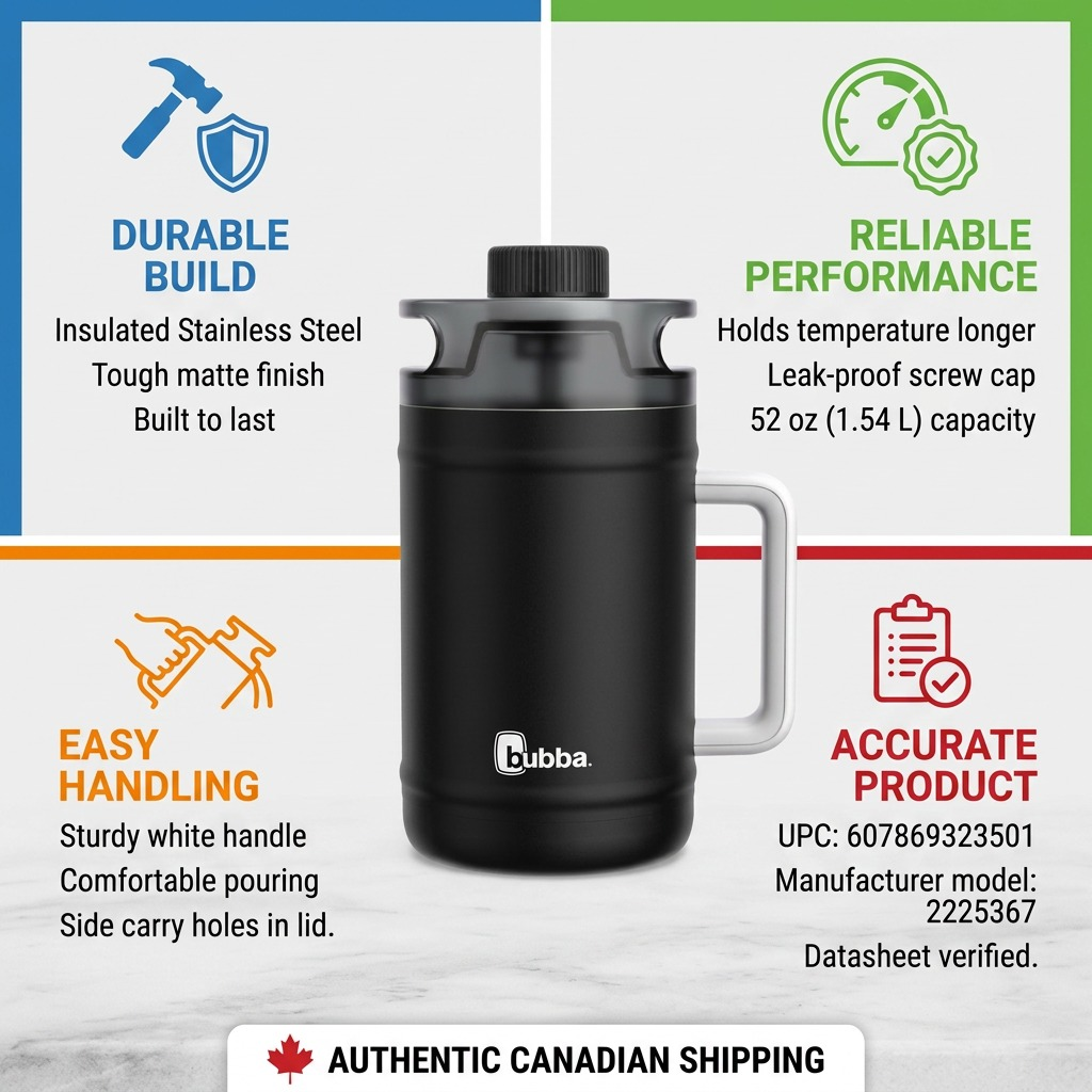 Trust and authority infographic showing the Bubba 52oz water keg with factual cues for build, use, and Canadian maritime shipping.
