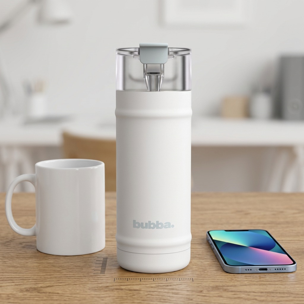 A white Bubba water bottle sits on a desk between a standard mug and a smartphone, demonstrating its size. A graphic ruler is on the desk surface.