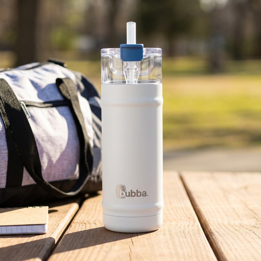 The white bubba 18 oz DualSip water bottle rests on a sunny picnic table in this park lifestyle shot.