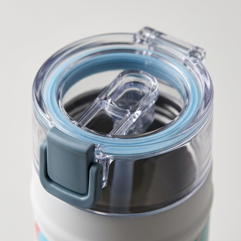 An extreme close-up view focusing sharply on the Bubba 2225370's straw spout and clear flip lid, highlighting material clarity and function.