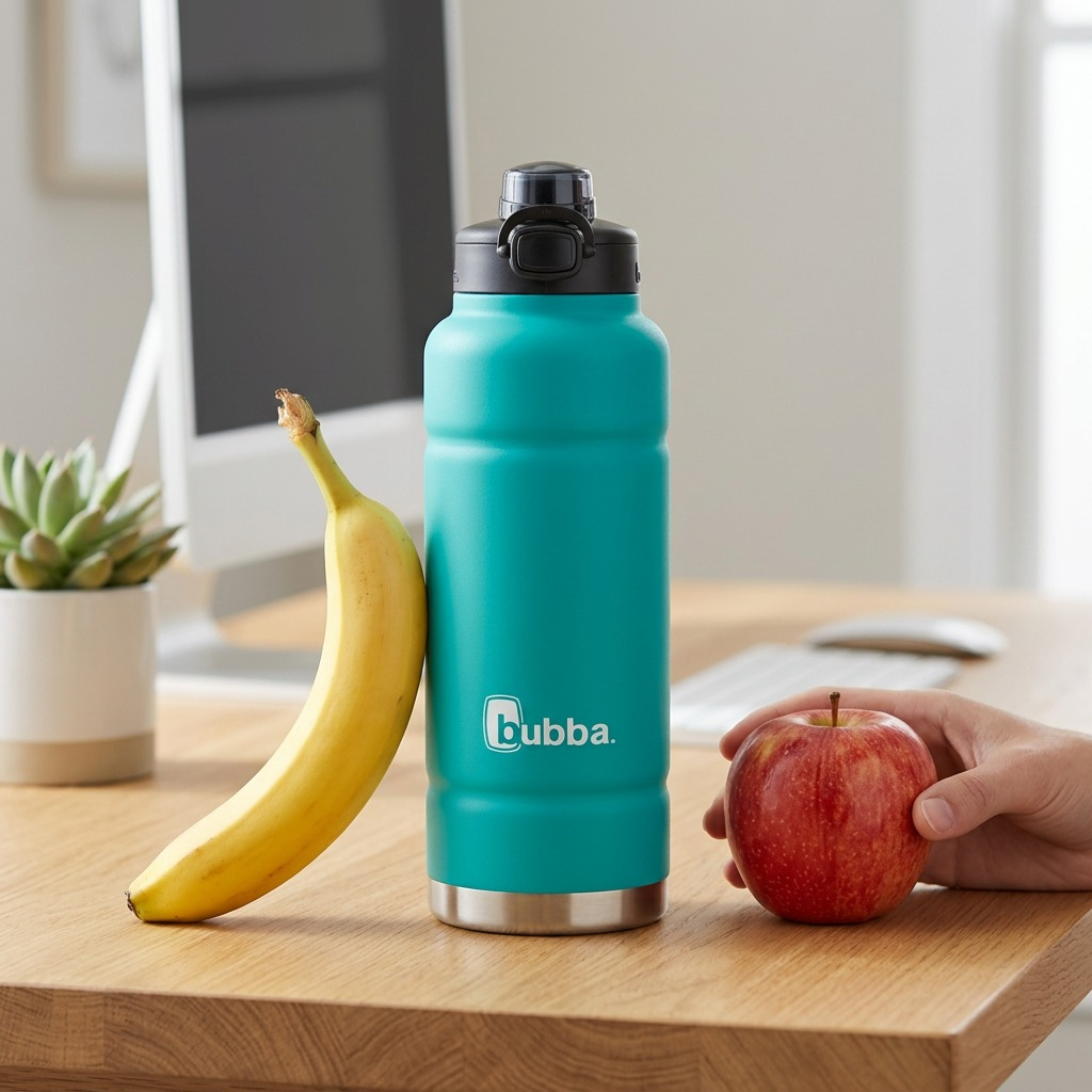 Scale visual: bubba Trailblazer 40oz bottle, a banana, and an apple arranged for size reference.