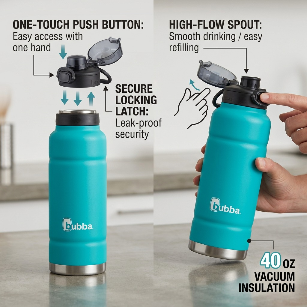 A feature graphic showing the blue Bubba Trailblazer 40oz bottle, with callouts for push button, lock, and spout.