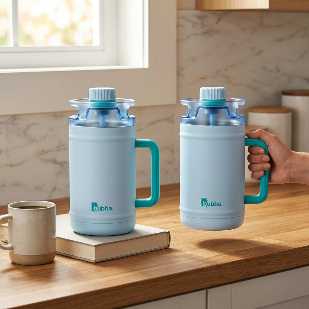 bubba insulated water keg (Daydreamin' blue) beside a textbook and coffee mug for scale reference.