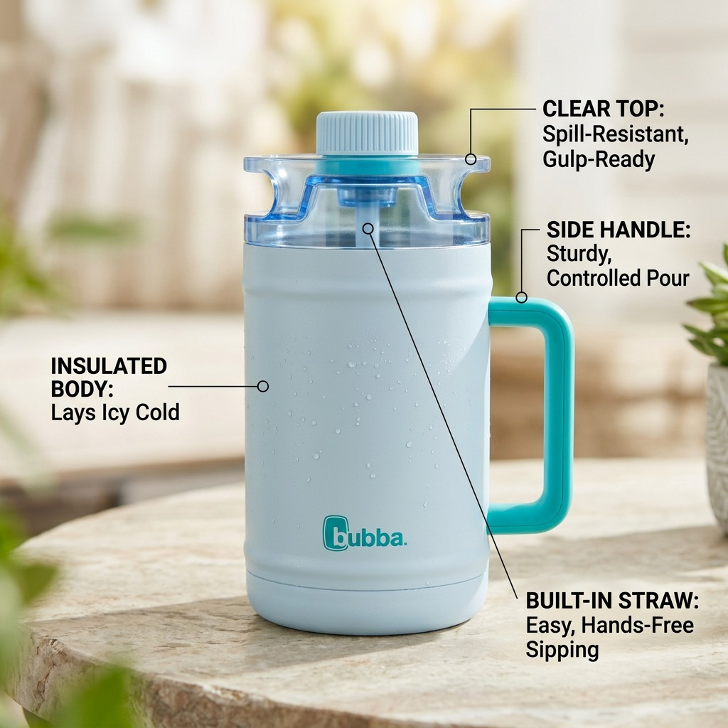 Bubba 52oz Daydreamin' Water Keg graphic showing four key operational features with short callout labels.