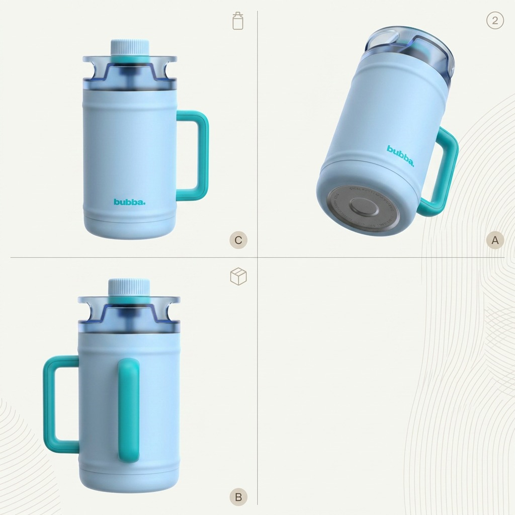 A matrix image of three views of the same Bubba 52oz Insulated Water Keg from unique angles.