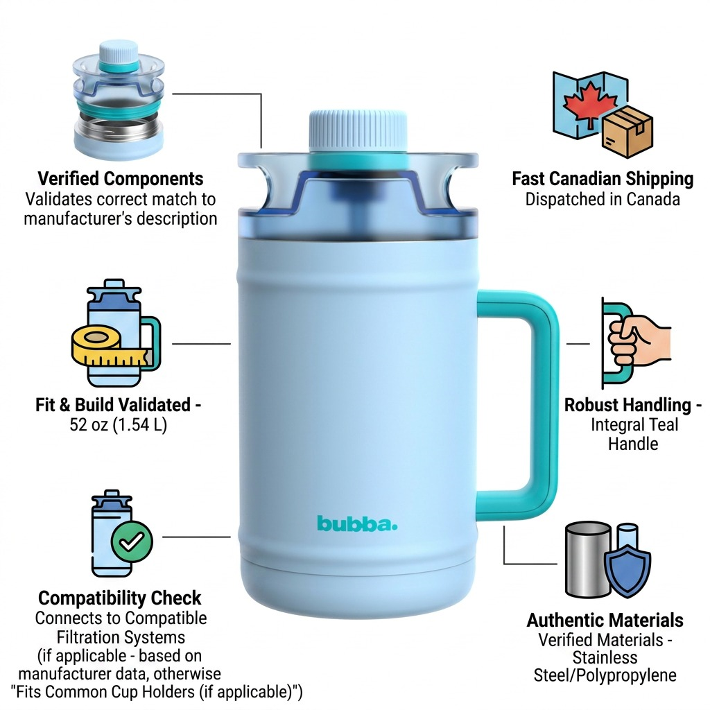 Infographic of Bubba 2225369 Water Keg surrounded by trust or validation, fast Canadian shipping, and authentic component details.
