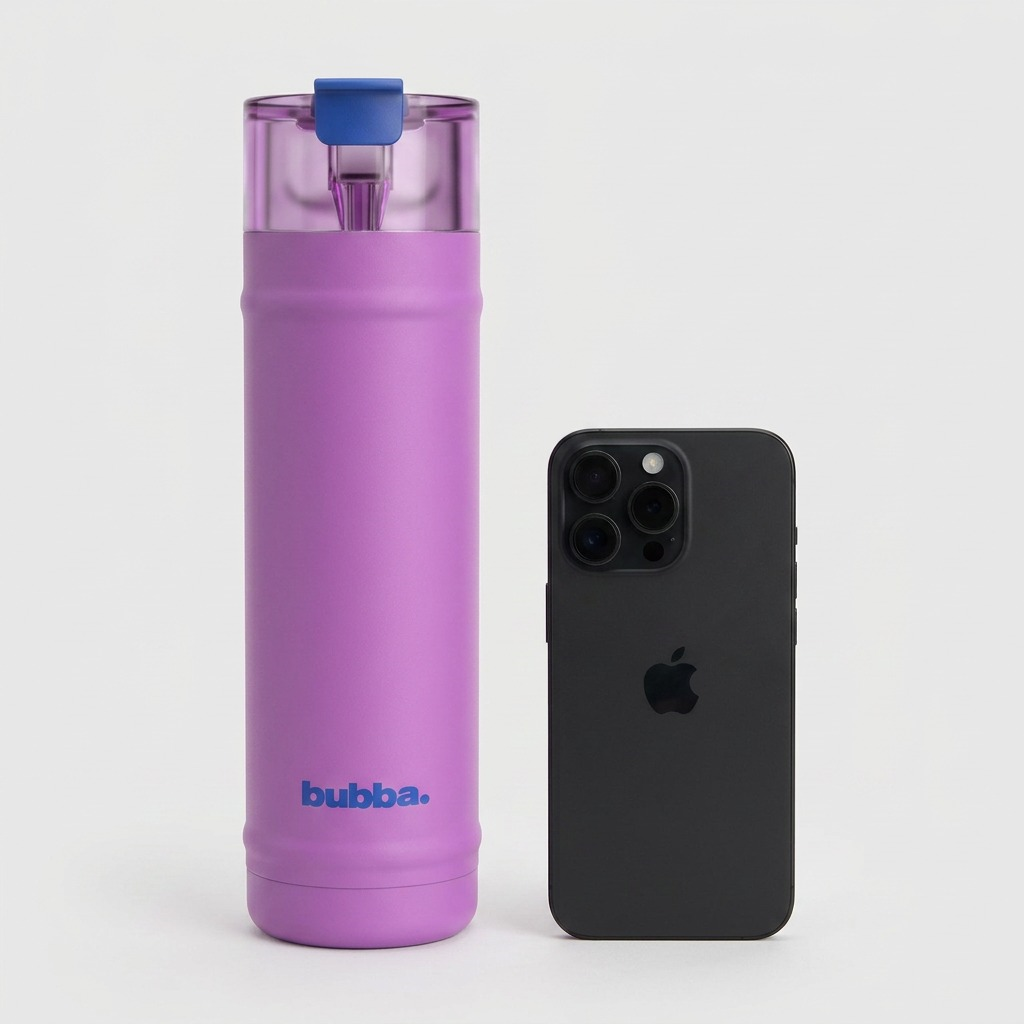 A lifelike photo of the 24 oz Bubba DualSip bottle from image_0.png standing next to an Apple iPhone 15 Pro, illustrating its true height.