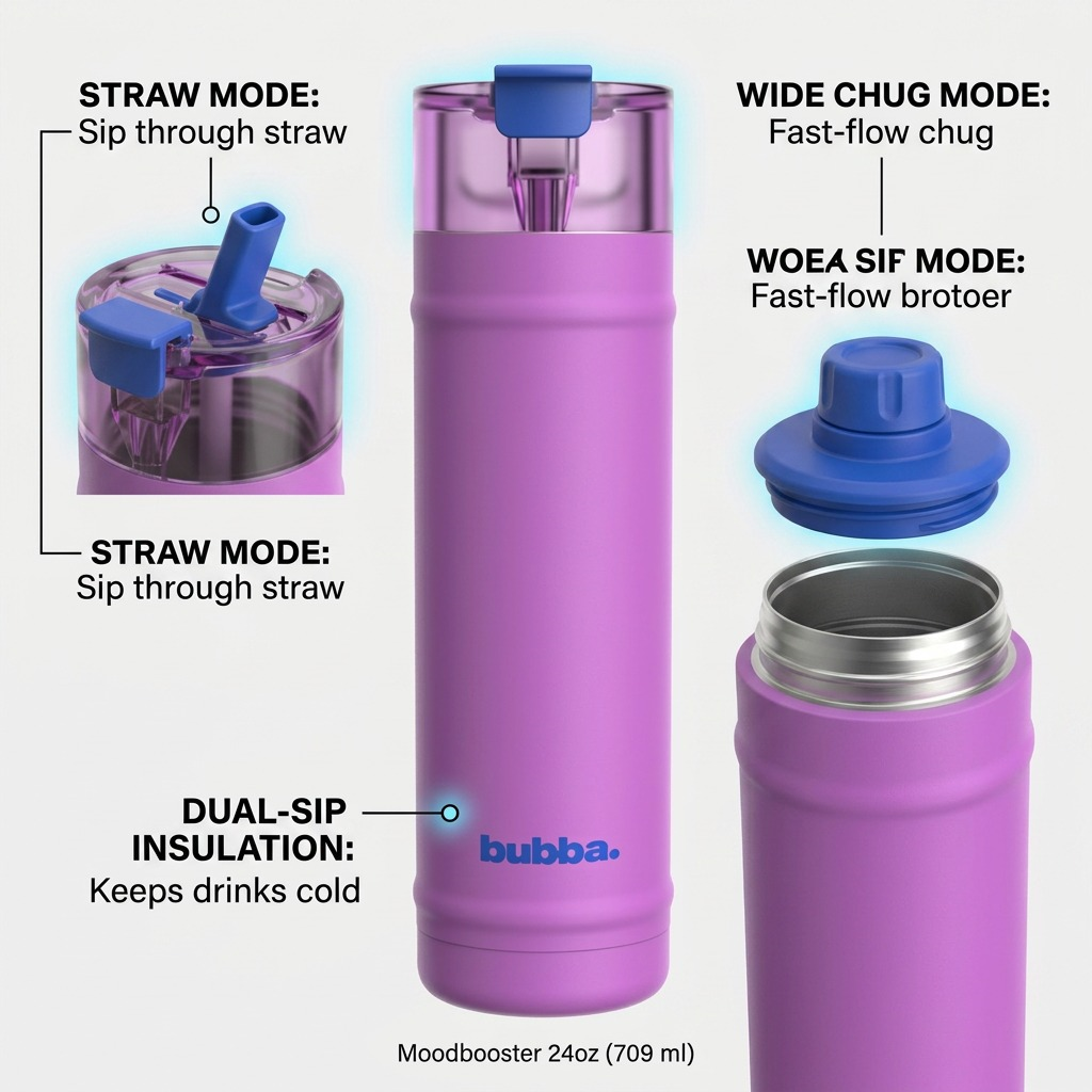 A clean, factual e-commerce graphic with a purple Bubba DualSip 24oz water bottle. Detailed callouts point to functional features: showing straw mode, chug mode, and insulation. Includes the line and product name 'Bubba DualSip 24oz Moodbooster'.