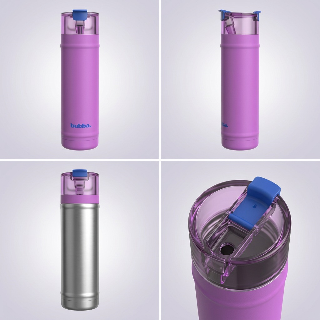 An e-commerce variant matrix for the purple bubba DualSip bottle, displaying four bottles from front, side, back, and top angles.