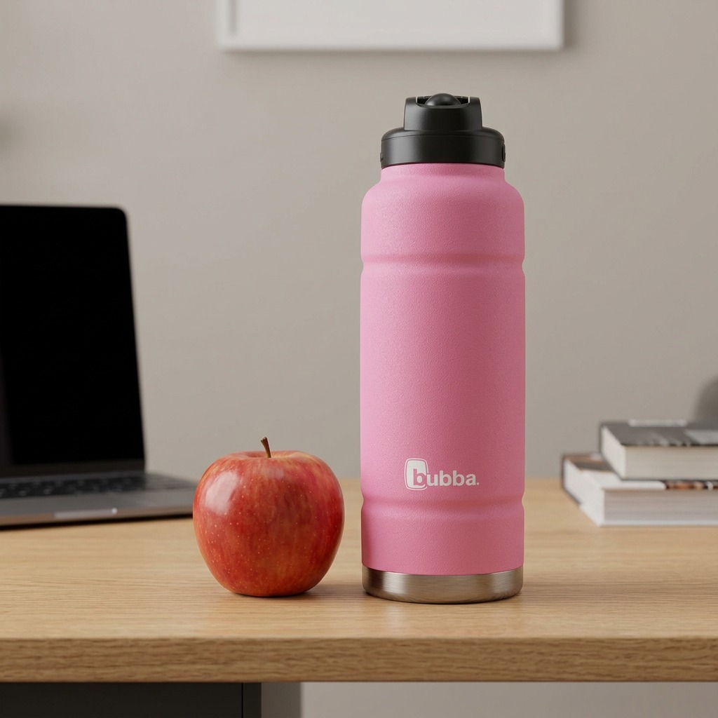 A close-up shot of the 40 oz Azalea Bubba Trailblazer bottle next to a red apple on a desk, illustrating its true scale.