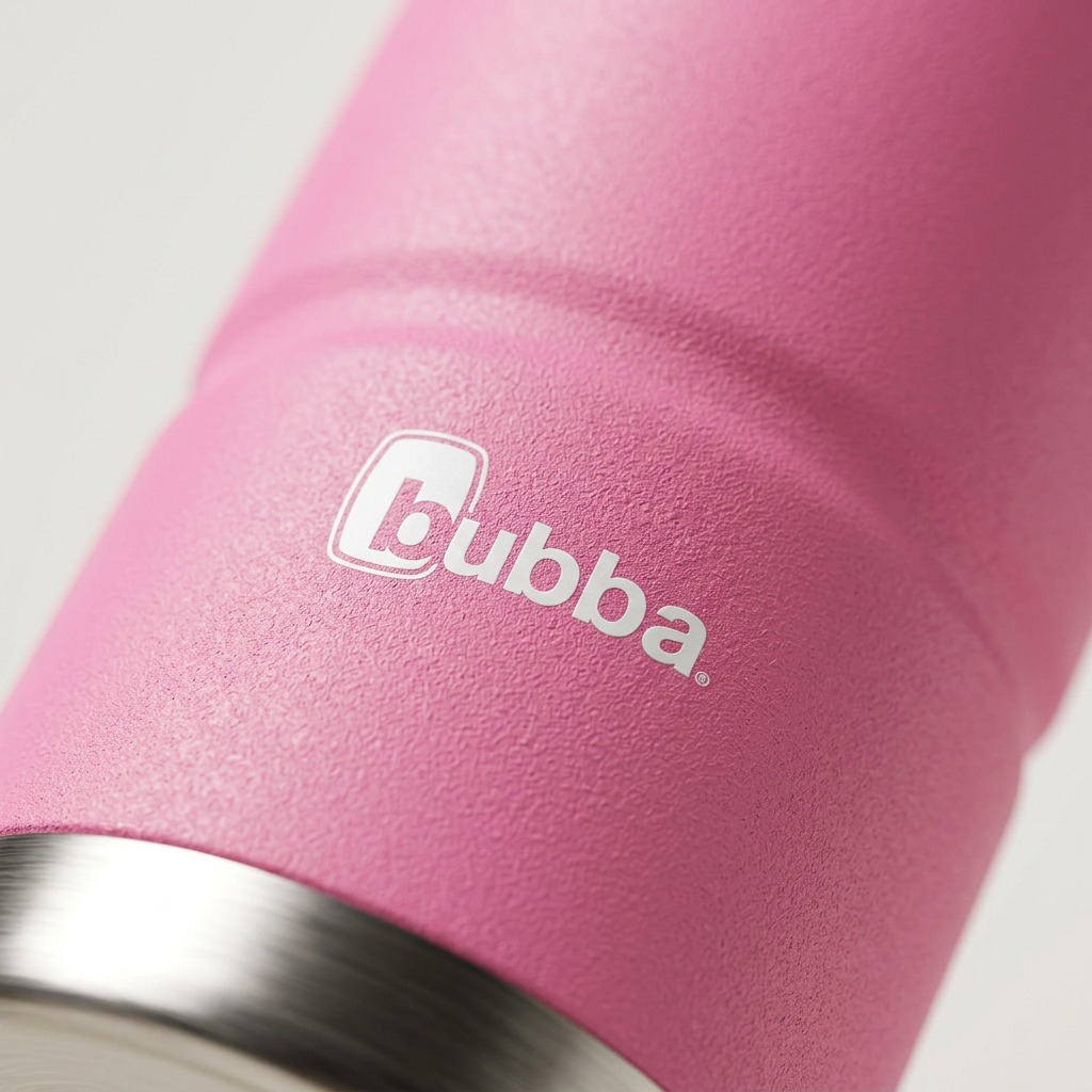 A detailed macro photo showing the fine texture and accurate laser-etched "bubba" logo on the stainless steel water bottle surface.