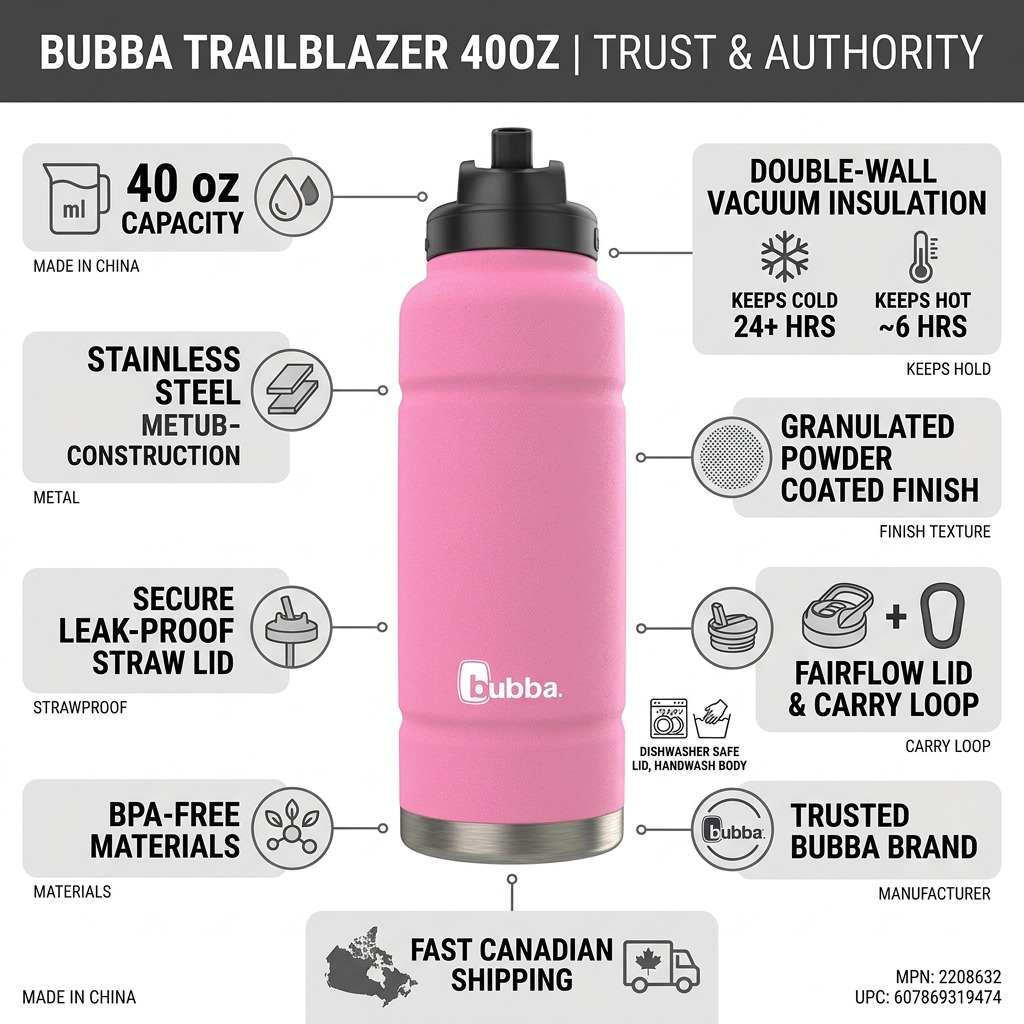 Infographic matrix showing a pink Bubba Trailblazer 40oz bottle, with concise feature icons around it.