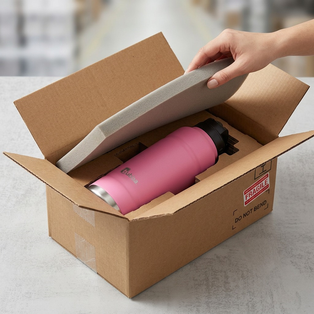 A visual of the 40 oz Azalea bubba bottle being securely unpacked from sturdy protective shipping materials.