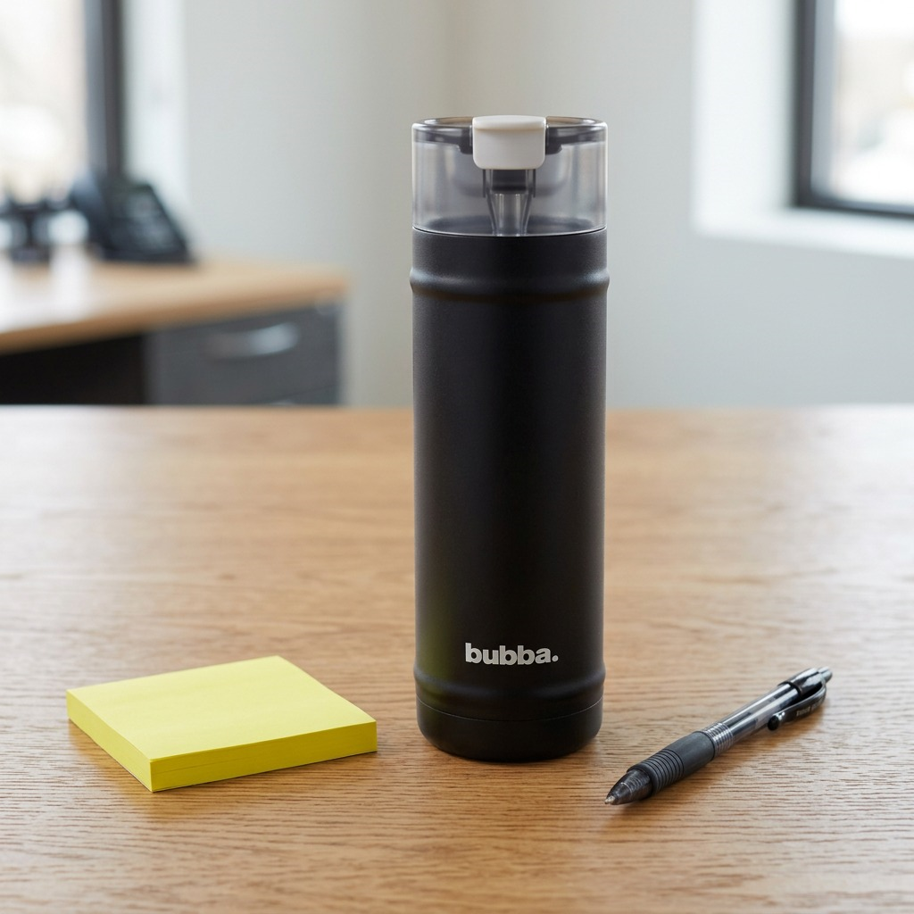 A detailed studio photograph of the bubba DualSip water bottle standing beside a stack of standard sticky notes on a wooden desk to provide a clear scale reference.