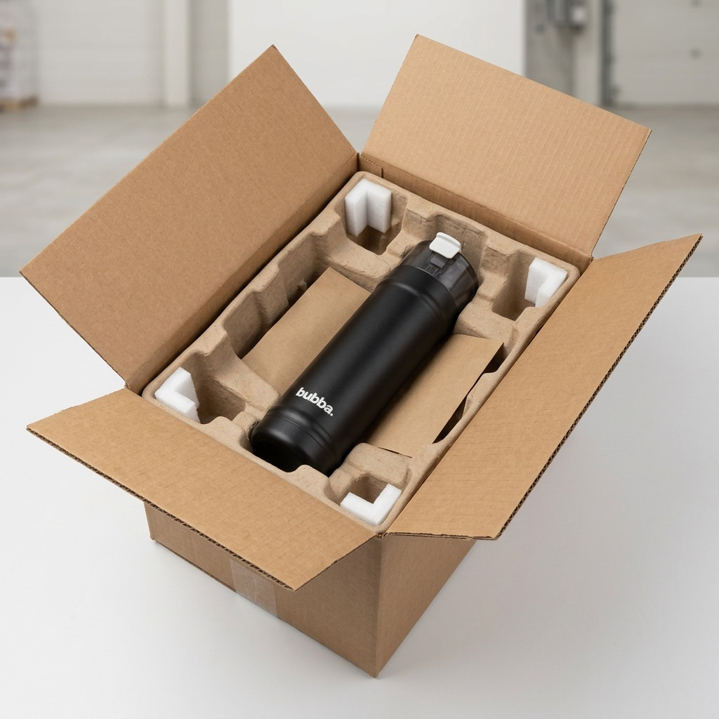 An open cardboard shipper box reveals the bubba DualSip bottle safely nestled within molded pulp dunnage.