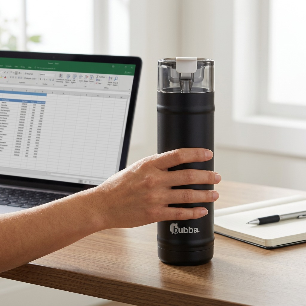 A realistic photo of the Bubba DualSip insulated bottle on an unboxing table in the office.