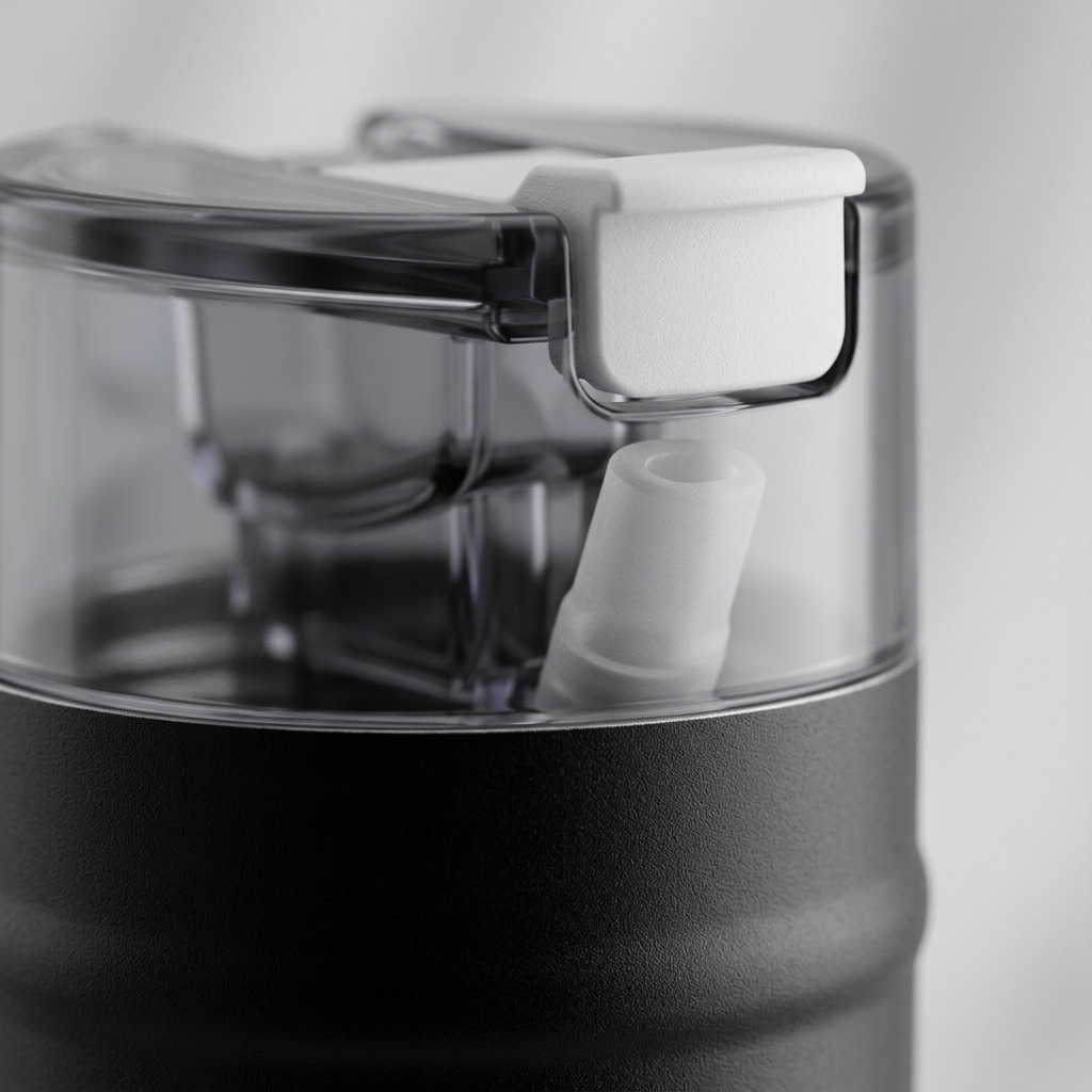 A detailed macro shot of the Bubba DualSip bottle's lid, showing the texture of the white silicone straw tip and the push button.