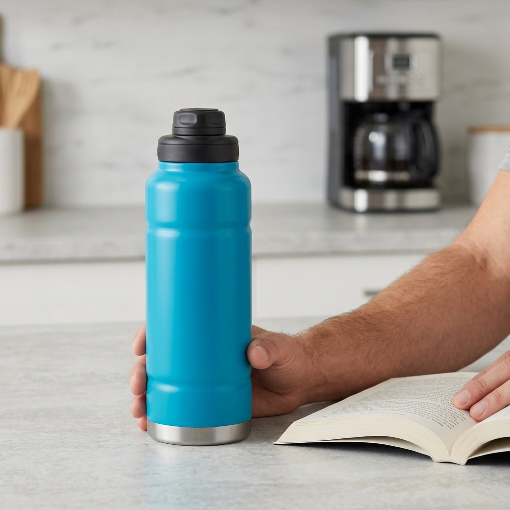 Scale reference of 40oz black mat water bottle beside adult and small smartphone, simple setting.