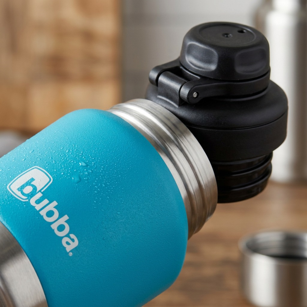 Macro phot of a cyan metal water bottle, showing texture, stainless steel threads, and laser-engraved logo.