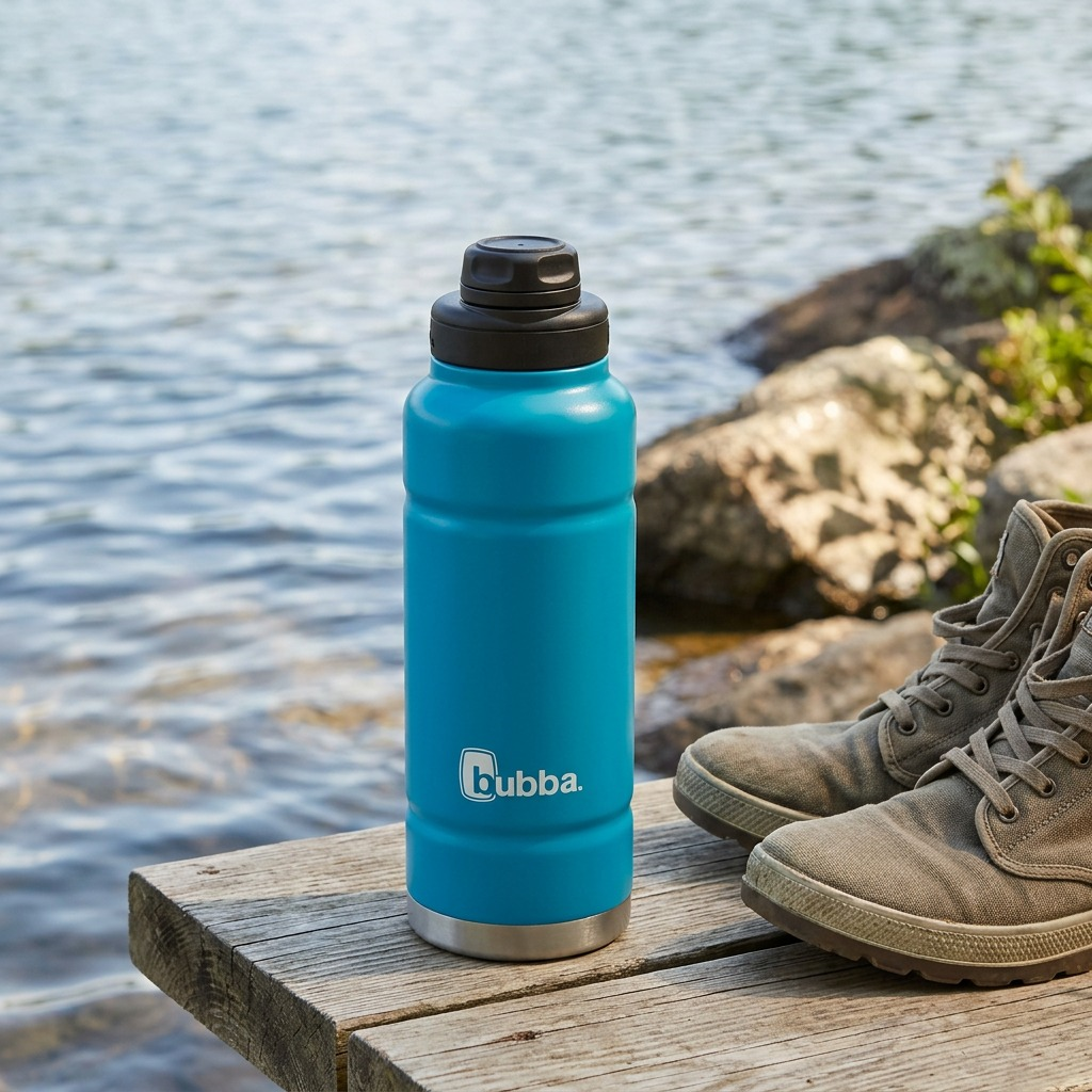Bubba Trailblazer water bottle resting by a lake dock after a hike.