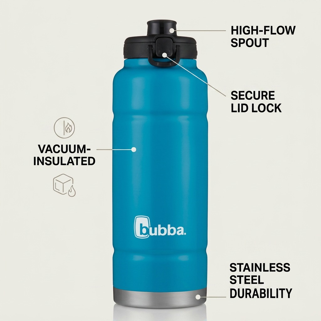 bubba Trailblazer 40oz Water Bottle with key operational features called out with concise benefits and pointer lines on a clean ecommerce background.