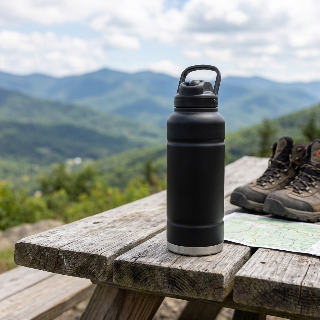 A close-up shot of the matte black (Licorice) Bubba Trailblazer 40 oz water bottle with a straw lid standing on a rustic wooden picnic table. Next to it are hiking boots and a daypack, with a scenic mountain landscape visible in the slightly blurred background under natural daylight.