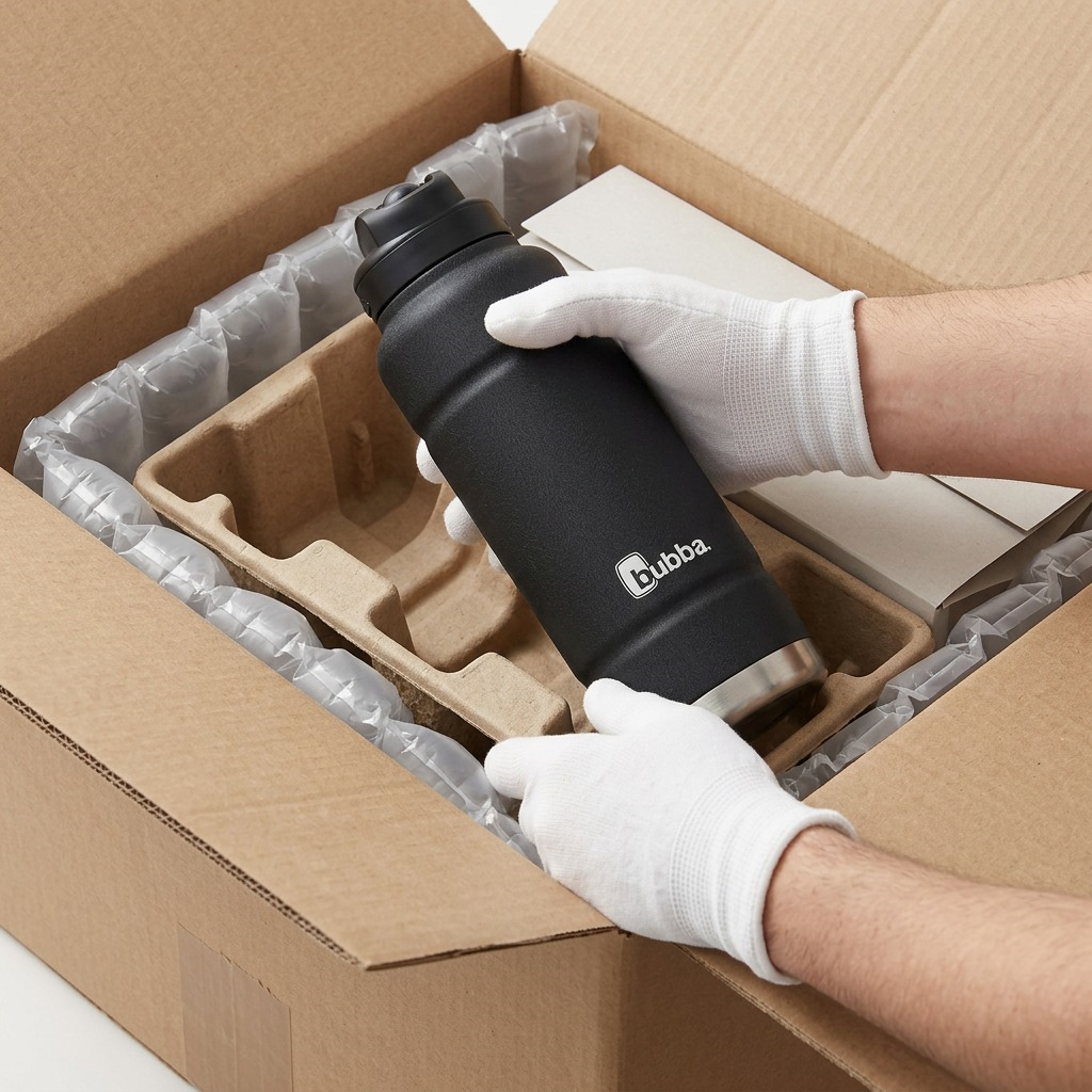 A person's gloved hands lift the black bubba Trailblazer bottle from a securely padded cardboard shipping box.