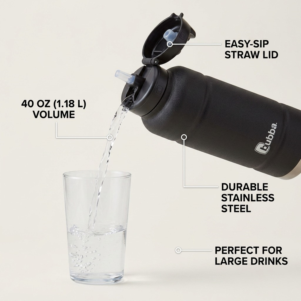 Bubba water bottle infographic with water pouring and labels highlighting easy straw lid and durable steel.