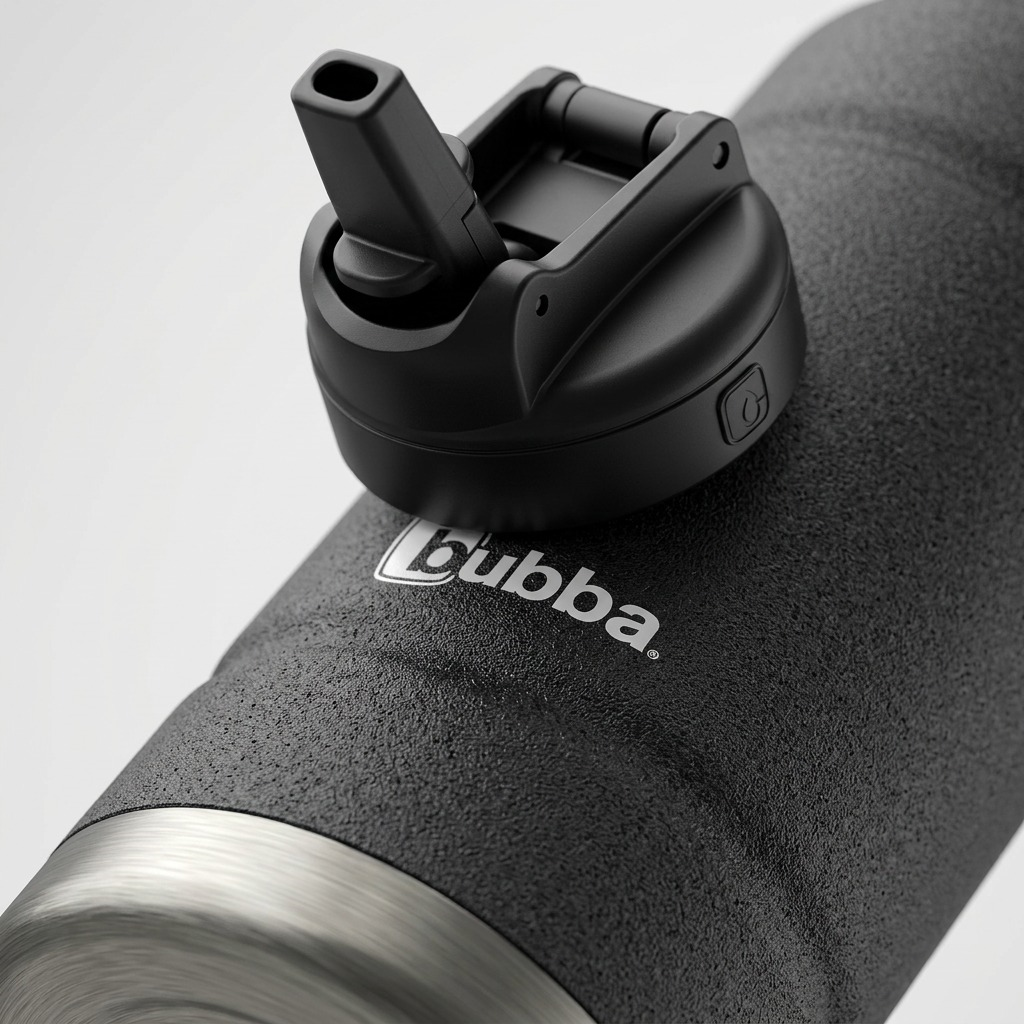 Macro photo detailing the bubba Trailblazer's cap, texture, and straw interface.