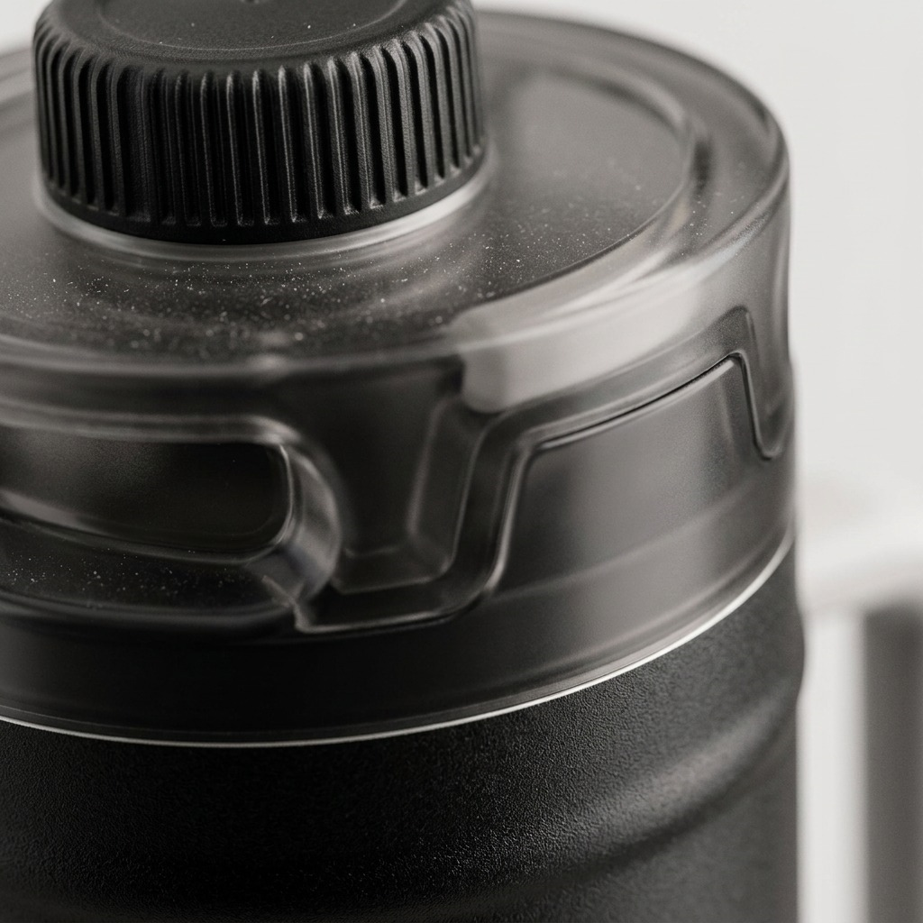 A macro photo shows dust on the ribbed cap and clear lid seal of the black Bubba bottle, highlighting its rugged build.