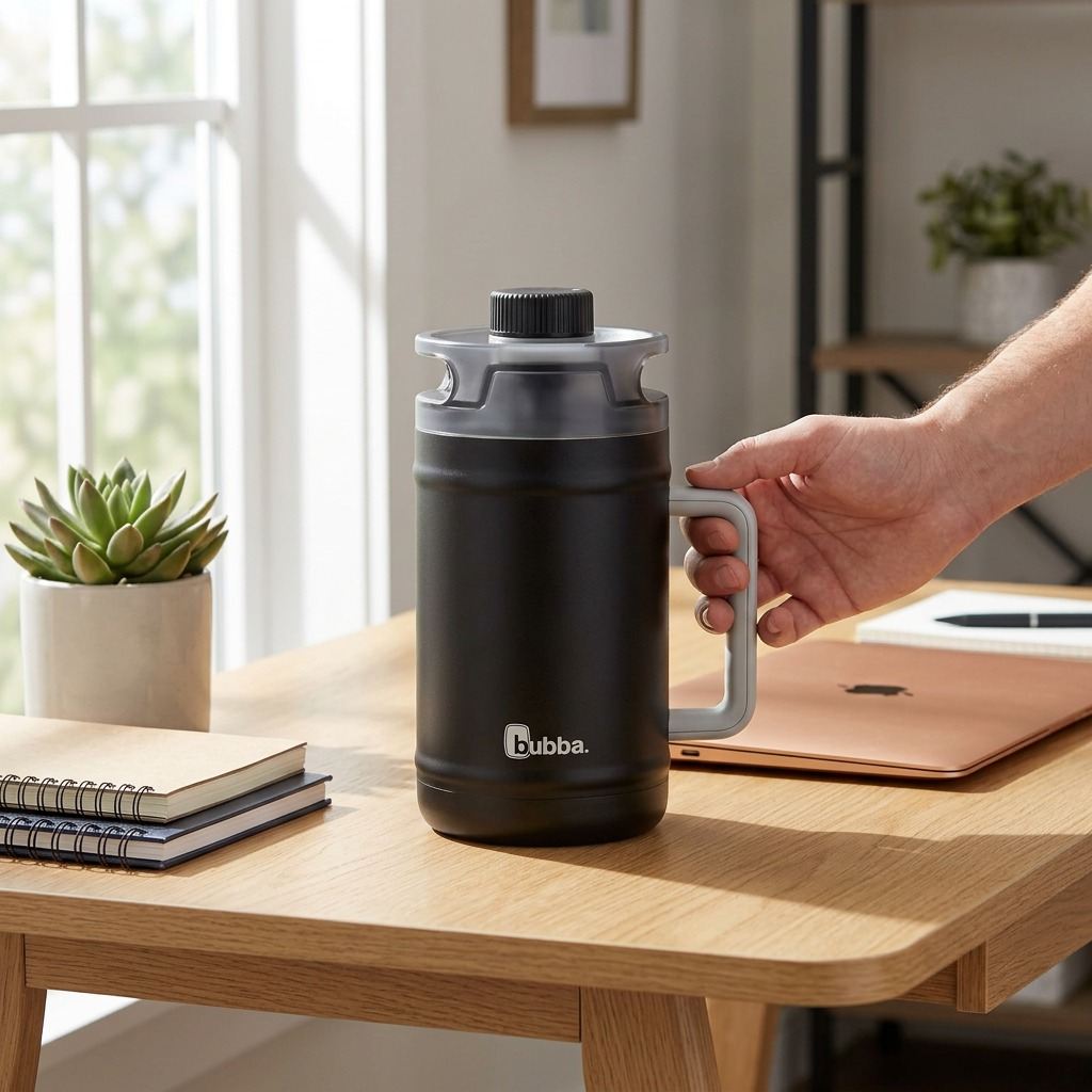 lifestyle photograph of a bubba 52 oz stainless steel insulated water keg on an office desk.