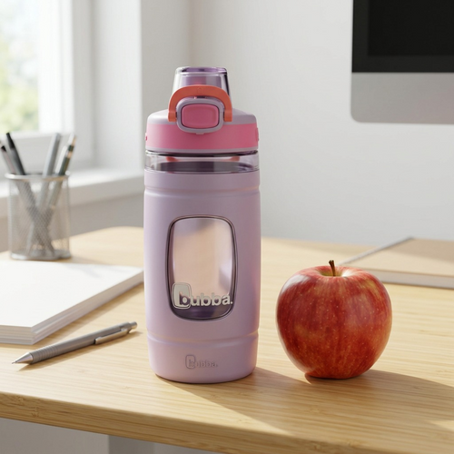 Scale comparison image shows the bubba Flo Lavender Frost water bottle next to a red apple on a desk.