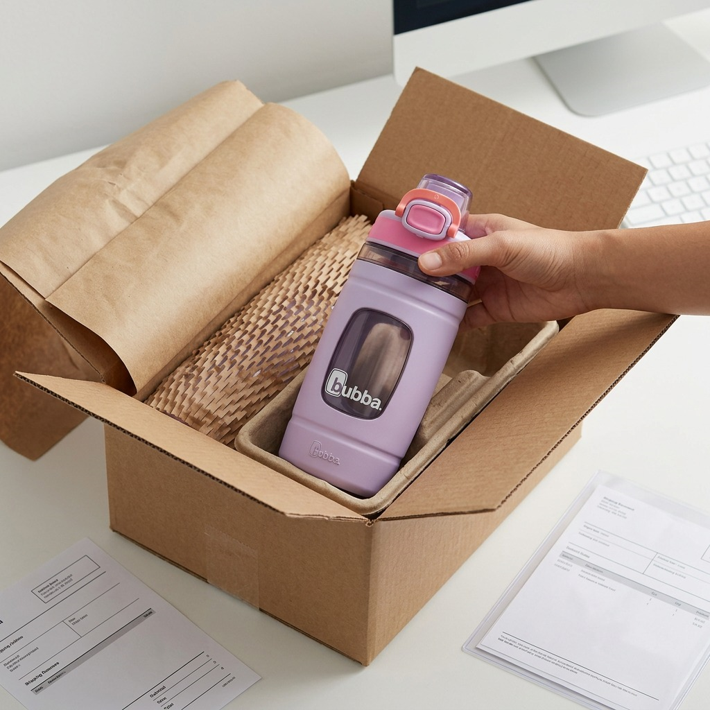 Bubba water bottle shown in protective shipping with nested hexacomb cushioning, ensuring secure delivery confidence.