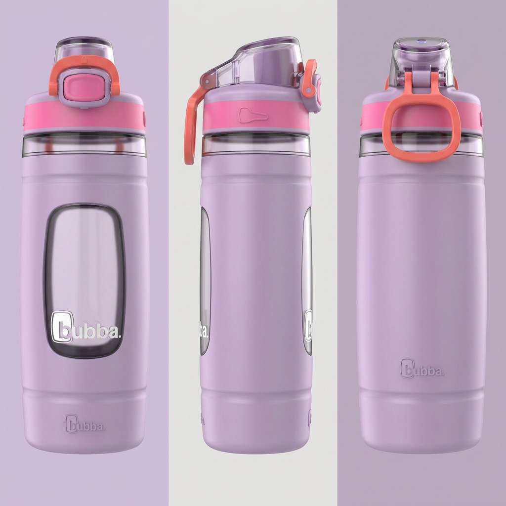 PDP visual matrix showcasing the bubba 16 oz Flo lavender bottle from front, side, and back views.
