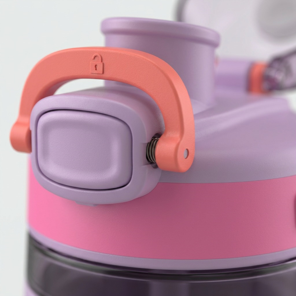 Extreme macro of the bubba Flo sports bottle lid latch, showing texture and precise mechanism detail.