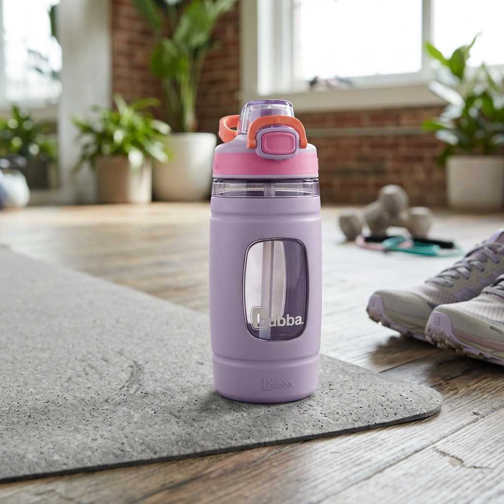 Lifestyle product shot: bubba Lavender Flo bottle rests on a textured cork mat next to running shoes.