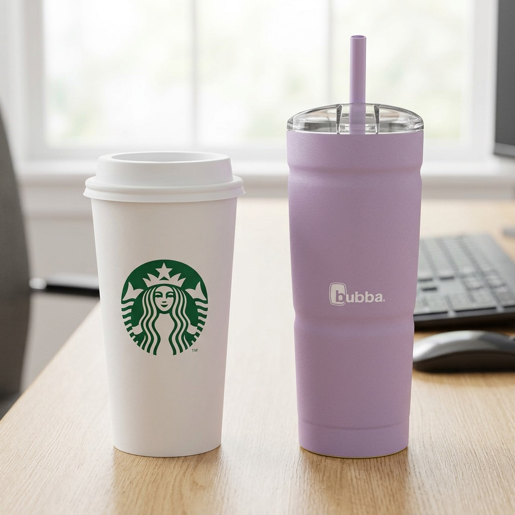 A comparison shot of the 24oz Lavender Frost Bubba Envy S Tumbler next to a standard Venti paper coffee cup on a desk.