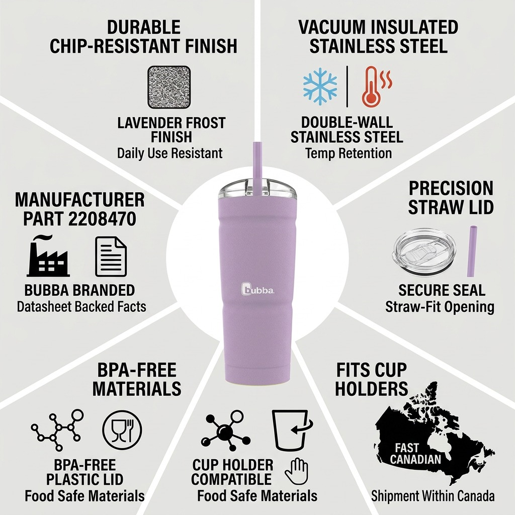 Infographic matrix showing a Bubba Lavender Frost tumbler with icons and text highlighting features like vacuum insulation, specific fits, matching MPN 2208470, and fast Canadian shipping.